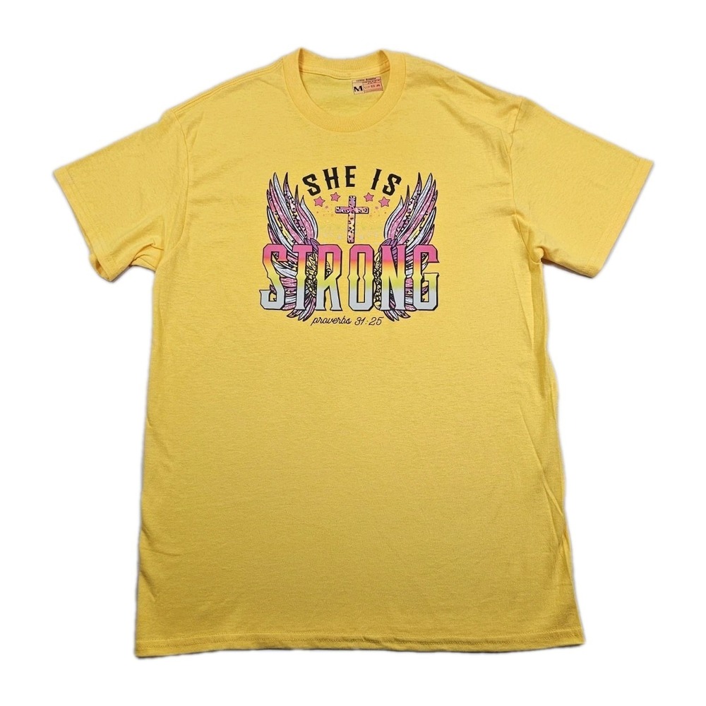 She Is Strong Cross Wings Proverbs 31:25 Womens M Yellow Colorful Print T Shirt